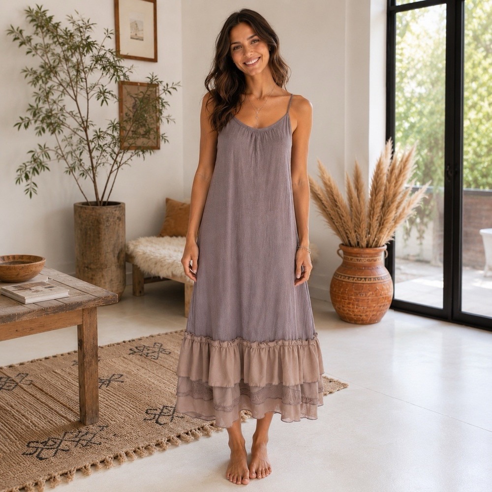 L & B Brown Cami Slip Dress Extender Lace Hem Layering Western Boho Sz M
